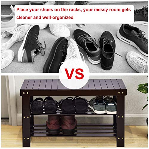 GOFLAME Shoe Bench Rack, 2-tier Bamboo Seat Storage Shelf, Free Standing Shoe Storage Bench with Stylish and Modern Design, Shoe Organizer for Décor Entryway, Hallway, Living Room, Bathroom (Black)