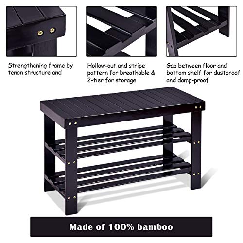 GOFLAME Shoe Bench Rack, 2-tier Bamboo Seat Storage Shelf, Free Standing Shoe Storage Bench with Stylish and Modern Design, Shoe Organizer for Décor Entryway, Hallway, Living Room, Bathroom (Black)