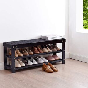 GOFLAME Shoe Bench Rack, 2-tier Bamboo Seat Storage Shelf, Free Standing Shoe Storage Bench with Stylish and Modern Design, Shoe Organizer for Décor Entryway, Hallway, Living Room, Bathroom (Black)