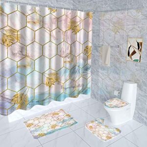 dowhufund 4pcs marble bathroom shower curtain sets with rugs accessories ,bathroom curtains shower set bathroom decor with 12 hooks ,toilet lid cover sets with non-slip rug bath mat