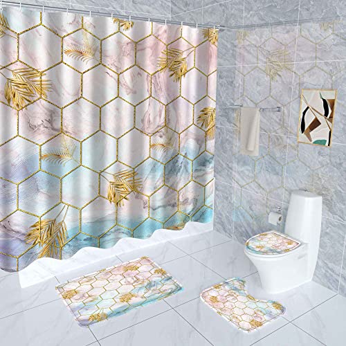 dowhufund 4pcs Marble Bathroom Shower Curtain Sets with Rugs Accessories ,Bathroom Curtains Shower Set Bathroom Decor with 12 Hooks ,Toilet Lid Cover Sets with Non-Slip Rug Bath Mat