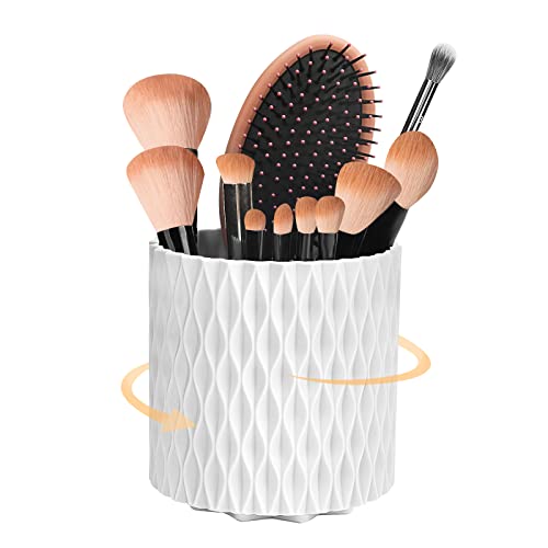 Makeup Brush Holder 360° Rotating Organizer 5 Slot Cosmetic Storage Makeup Brushes Cup Pen Holder for Vanity, Desk,Bathroom Countertops,Nordic Style Waterproof Cosmetic Display Cases (White)