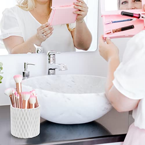 Makeup Brush Holder 360° Rotating Organizer 5 Slot Cosmetic Storage Makeup Brushes Cup Pen Holder for Vanity, Desk,Bathroom Countertops,Nordic Style Waterproof Cosmetic Display Cases (White)