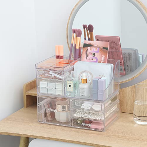 Clear Makeup Organizer and Storage For Vanity,Large Acrylic Cosmetics Display Cases With Stackable Drawers for Bathroom Counter Dresser Brushes Lipsticks Skin Care Beauty Skincare Product Organizing