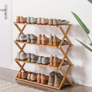 Mandorra Bamboo Shoe Rack 4 Tier Space Saving Free Standing Shoe Shelf No Assembly Foldable Shoe Rack Storage Organizer for Closet Hallway Bathroom Living Room Bedroom, Balcony, Folding (Natural)