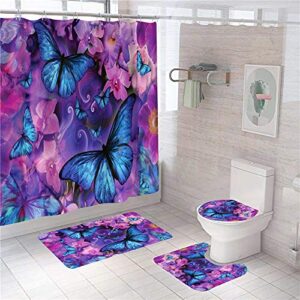 blue butterfly shower curtain set with non-slip rugs toilet lid cover and bath mat 4 pcs purple flowers shower curtain sets with rugs bathroom curtain with 12 hooks butterfly bathroom sets