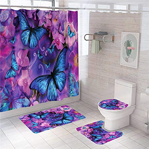 Blue Butterfly Shower Curtain Set with Non-Slip Rugs Toilet Lid Cover and Bath Mat 4 Pcs Purple Flowers Shower Curtain Sets with Rugs Bathroom Curtain with 12 Hooks Butterfly Bathroom Sets