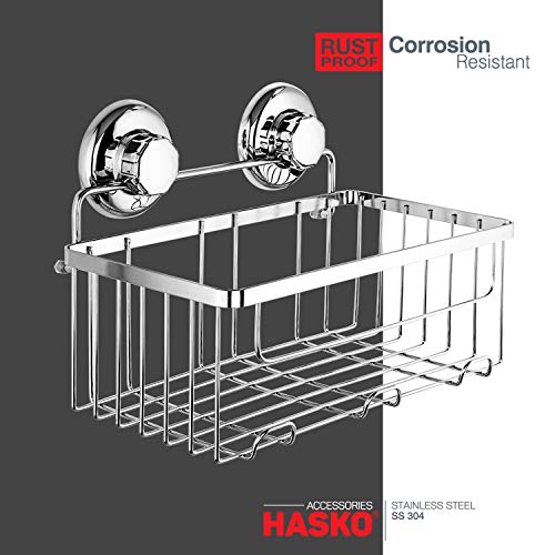 HASKO accessories Vacuum Suction Cup Shower Caddy | Deep Basket Organizer for Shampoo with Hooks | Adhesive 3M Stick Discs | Holder for Bathroom Storage | Polished Stainless Steel SS304