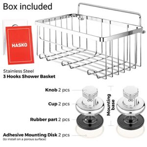 HASKO accessories Vacuum Suction Cup Shower Caddy | Deep Basket Organizer for Shampoo with Hooks | Adhesive 3M Stick Discs | Holder for Bathroom Storage | Polished Stainless Steel SS304