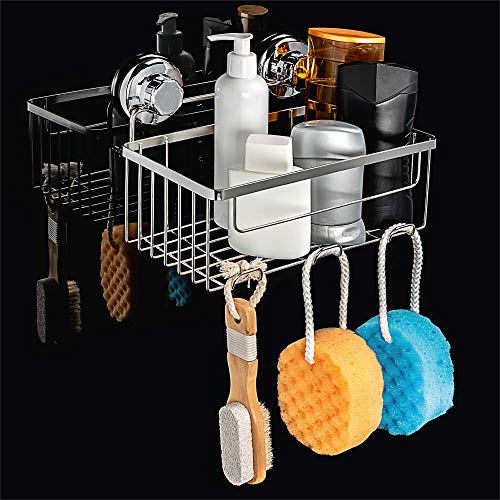 HASKO accessories Vacuum Suction Cup Shower Caddy | Deep Basket Organizer for Shampoo with Hooks | Adhesive 3M Stick Discs | Holder for Bathroom Storage | Polished Stainless Steel SS304