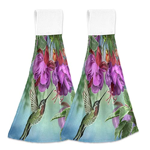 Summer Hummingbird Hand Towels for Kitchen,Purple Flower Absorbent Tie Hanging Towel with Loop 2 PCS Kitchen Linen Sets for Bathroom Restroom Home Decor