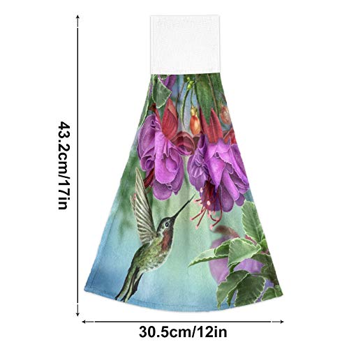 Summer Hummingbird Hand Towels for Kitchen,Purple Flower Absorbent Tie Hanging Towel with Loop 2 PCS Kitchen Linen Sets for Bathroom Restroom Home Decor