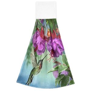 Summer Hummingbird Hand Towels for Kitchen,Purple Flower Absorbent Tie Hanging Towel with Loop 2 PCS Kitchen Linen Sets for Bathroom Restroom Home Decor