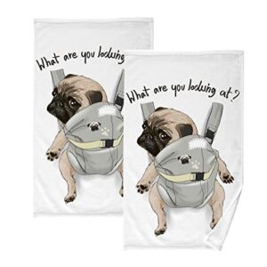 ALAZA Pug Dog in Back Carrier W/ Quote Hand Towels for Bathroom 1OO% Cotton 2 pcs Face Towel 16 x 28 inch, Absorbent Soft & Skin-Friendly