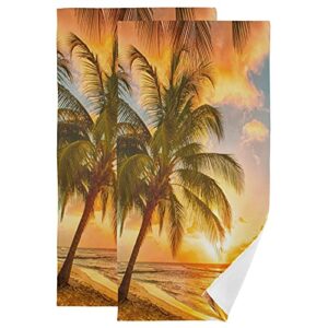 naanle 2 pcs beautiful beach sunset palm trees luxury soft fluffy guest hand towels, multipurpose decor for bathroom, hotel, gym and spa (14" x 28")