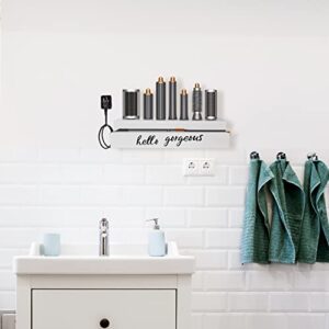 Storage Holder for Dyson Airwrap, Farmhouse Curling Iron Accessories Rack Wall Mount, Wood Hair Wrap Styler Tools Holder, Vacuum Attachments Display Stand for Bathroom Organizer (White)