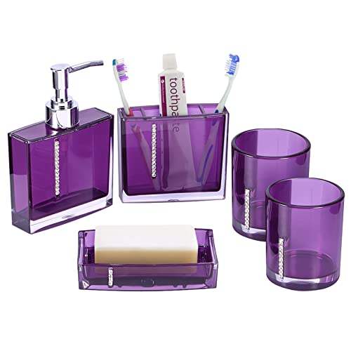 Yosoo 5 Piece Bathroom Accessory Set, Acrylic Gift Set Toothbrush Holder Cup Soap Dispenser Soap Dish Tumbler Straw Set Bathroom, Purple