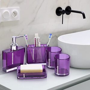 Yosoo 5 Piece Bathroom Accessory Set, Acrylic Gift Set Toothbrush Holder Cup Soap Dispenser Soap Dish Tumbler Straw Set Bathroom, Purple