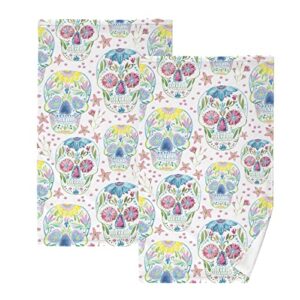 alaza sugar skull floral day of dead hand towels for bathroom 1oo% cotton 2 pcs face towel 16 x 28 inch, absorbent soft & skin-friendly