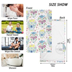 ALAZA Sugar Skull Floral Day of Dead Hand Towels for Bathroom 1OO% Cotton 2 pcs Face Towel 16 x 28 inch, Absorbent Soft & Skin-Friendly