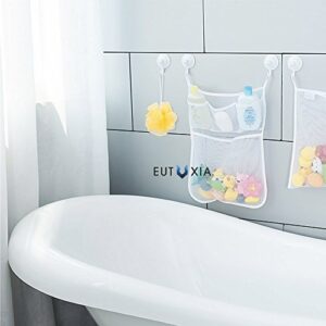 Eutuxia Bath Toy Organizer, Quick Dry Hanging Mesh Net Bathtub Storage with 4 Pockets & 4 Adhesive Hooks for Kids Toys and Bathroom Essentials. Shower Caddy for Decor, Fun, Educational, 19.76" x 14"