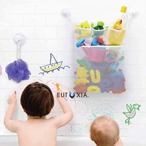 Eutuxia Bath Toy Organizer, Quick Dry Hanging Mesh Net Bathtub Storage with 4 Pockets & 4 Adhesive Hooks for Kids Toys and Bathroom Essentials. Shower Caddy for Decor, Fun, Educational, 19.76" x 14"