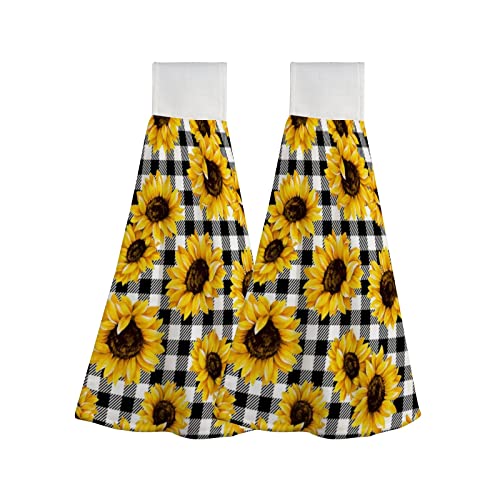 Sunflower Hanging Kitchen Towel Hand Towels 2 pcs Tie Loop Black White Plaid for Washcloth Absorbent Soft for Bathroom Restroom