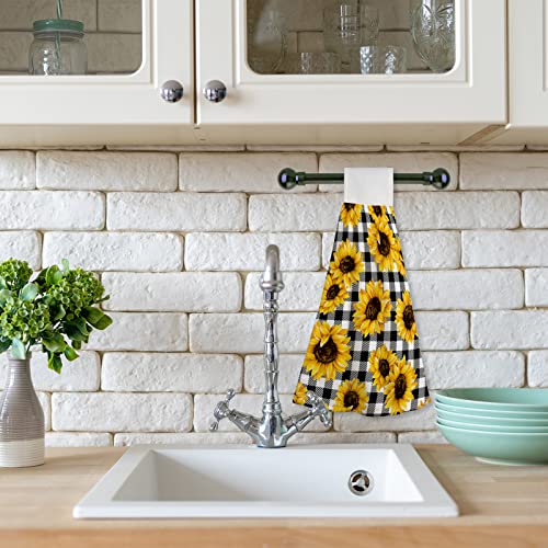 Sunflower Hanging Kitchen Towel Hand Towels 2 pcs Tie Loop Black White Plaid for Washcloth Absorbent Soft for Bathroom Restroom