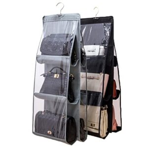 JRIQHOLD Purse Organizer Closet Dustproof Handbag Organisers Set, 2 Pcs 6 Pockets Nonwoven Fabric Easy Access Hanging Purse Storage Organizer for Dormitory Bedroom (Grey&Black)