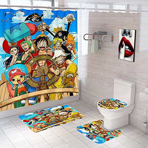 4 Piece Cool Anime Shower Curtain Set with Non-Slip Rug Toilet Lid Cover Bath Mat，Waterproof Shower Curtains Sets for Bathroom With12 Hooks 72x72 inches, 23