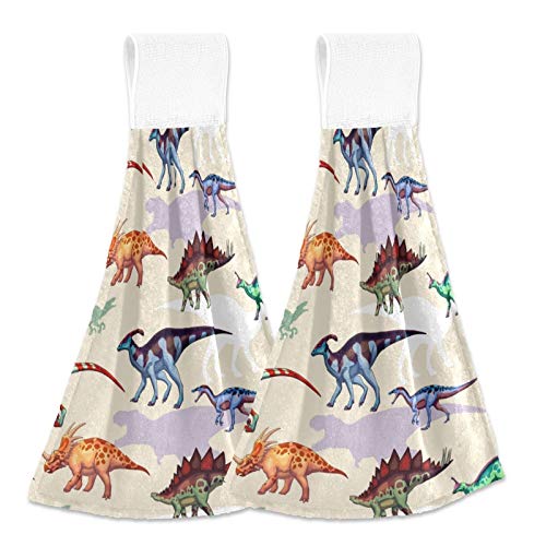 2 Pack Dinosaurs Cute Hanging Kitchen Towel Hand Towels Soft Coral Velvet Loop Dish Towel for Bathroom Washcloth Absorbent Tie Towel