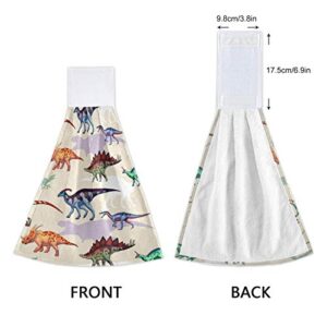 2 Pack Dinosaurs Cute Hanging Kitchen Towel Hand Towels Soft Coral Velvet Loop Dish Towel for Bathroom Washcloth Absorbent Tie Towel