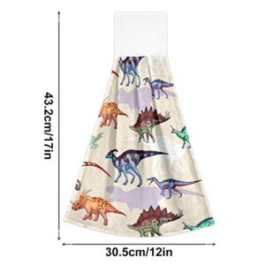 2 Pack Dinosaurs Cute Hanging Kitchen Towel Hand Towels Soft Coral Velvet Loop Dish Towel for Bathroom Washcloth Absorbent Tie Towel