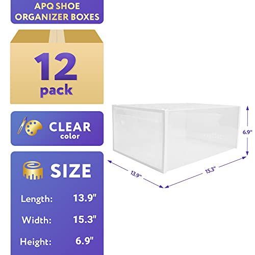 APQ 12 Pack Shoe Organizer Boxes 13.9" x 15.3" x 6.9", Ventilated Clear Shoe Box Organizer, Durable Plastic Shoes Organizer, Roomy and Stackable Shoe Boxes Set of 12, Easy to Open Shoe Storage Box