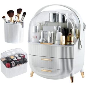 canitoron makeup storage organizer,cosmetics display case with brush,lipstick organizer and transparent cover,skincare organizers for bathroom countertop,bedroom vanity desk and travel -t3 white.
