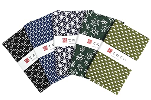 KOMESICHI irodori Japanese Traditional Towel Tenugui Cool Pattern 5 with Fray Prevention Processing Set of 5 with Tenugui Iroha (English Manual), 12.99x34.64 in