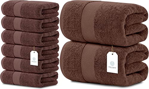 White Classic Luxury Hand Towels | 6 Pack Luxury Bath Sheet | 2 Pack Bundle (Brown)