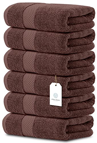 White Classic Luxury Hand Towels | 6 Pack Luxury Bath Sheet | 2 Pack Bundle (Brown)