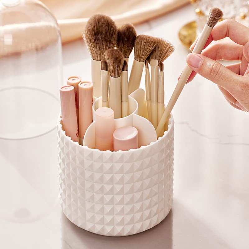 LoengMax Makeup Brush Holder Organizer, 360 Rotating Dustproof Make Up Brushes Container with Clear Cover, for Vanity Desktop Bathroom Countertop