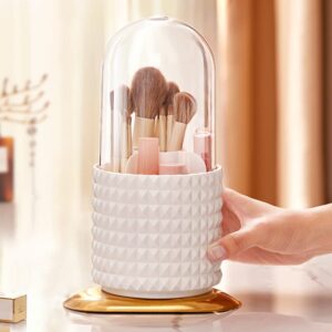 LoengMax Makeup Brush Holder Organizer, 360 Rotating Dustproof Make Up Brushes Container with Clear Cover, for Vanity Desktop Bathroom Countertop