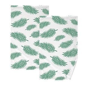 alaza hand drawn palm tree leaves hand towels for bathroom 1oo% cotton 2 pcs face towel 16 x 28 inch, absorbent soft & skin-friendly