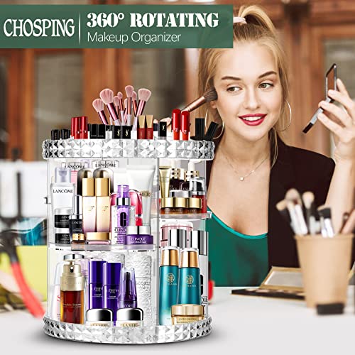 360 Rotating Makeup Organizer Set, Organizador De Maquillaje Perfumes, Clear Acrylic Cosmetic Display Cases, Spinning Cosmetic Storage Box for Vanity, with Makeup Brush Holder Travel Case Silicone