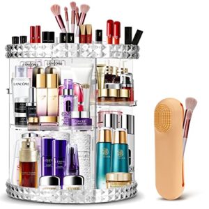 360 rotating makeup organizer set, organizador de maquillaje perfumes, clear acrylic cosmetic display cases, spinning cosmetic storage box for vanity, with makeup brush holder travel case silicone