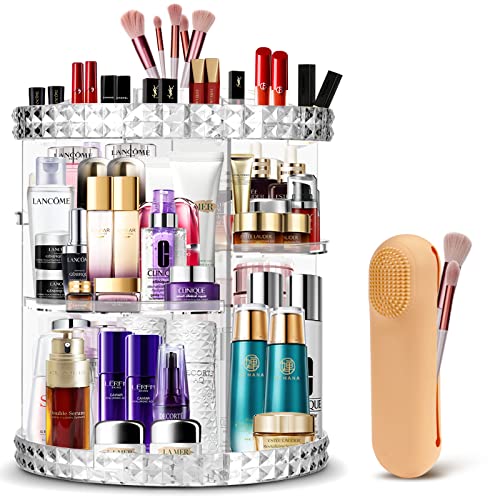 360 Rotating Makeup Organizer Set, Organizador De Maquillaje Perfumes, Clear Acrylic Cosmetic Display Cases, Spinning Cosmetic Storage Box for Vanity, with Makeup Brush Holder Travel Case Silicone