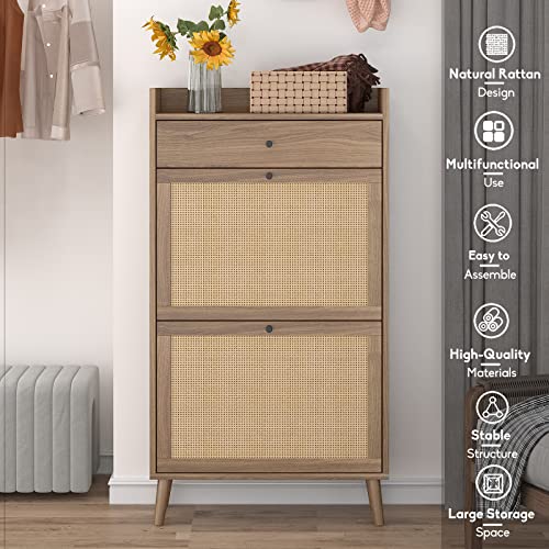 Pvillez Natural Rattan Shoe Cabinet with 2 Flip Drawers, Rattan Shoe Storage Cabinet Organizer with Wood Legs, Narrow Free Standing Shoe Rack for Entryway, Bedroom, Living Room, Apartment Walnut