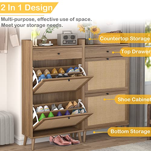 Pvillez Natural Rattan Shoe Cabinet with 2 Flip Drawers, Rattan Shoe Storage Cabinet Organizer with Wood Legs, Narrow Free Standing Shoe Rack for Entryway, Bedroom, Living Room, Apartment Walnut