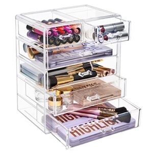 sorbus acrylic clear makeup organizer - big & spacious cosmetic display case - stylish designed jewelry & make up organizers and storage for vanity, bathroom (4 large, 2 small drawers)
