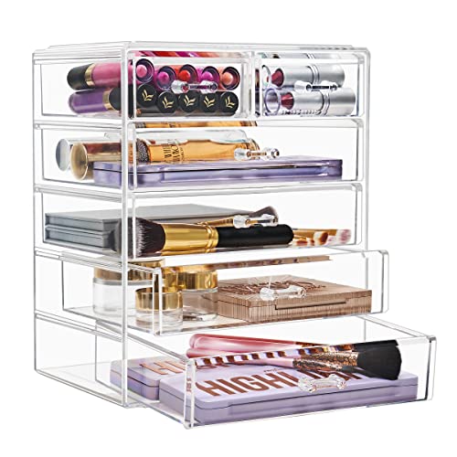 Sorbus Acrylic Clear Makeup Organizer - Big & Spacious Cosmetic Display Case - Stylish Designed Jewelry & Make Up Organizers and Storage for Vanity, Bathroom (4 Large, 2 Small Drawers)