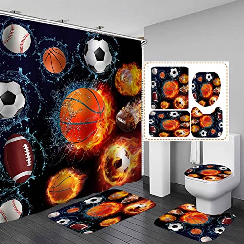 Camille&Andrew 4PCS Sports Shower Curtain Set, Water Fire Basketball Soccer Baseball American Football Cool Men Teen Boys Bathroom Decor, Waterproof Fabric Navy Blue Shower Curtain, Non-Slip Bath Mat