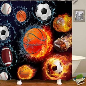 Camille&Andrew 4PCS Sports Shower Curtain Set, Water Fire Basketball Soccer Baseball American Football Cool Men Teen Boys Bathroom Decor, Waterproof Fabric Navy Blue Shower Curtain, Non-Slip Bath Mat